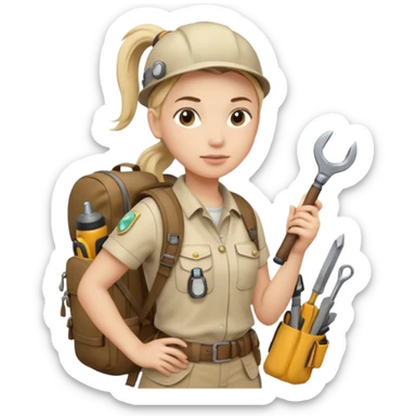 A female explorer with ponytail, backpack full of tools, confident and determined.
 sticker