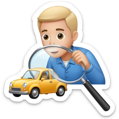 cartoon mechanic looking at small car through large magnifying glass sticker
