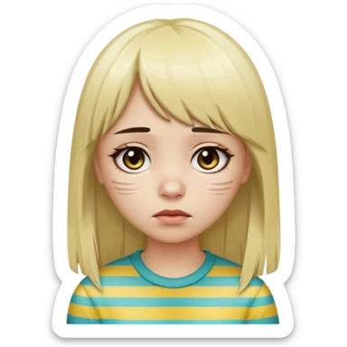 Girl with long straight dark brown hair and blonde striped streaks, with bangs. Light skin and dark eyes. Turn her into a cute zombie version — pale greenish skin, dark eyes, small wounds under eyes, keep her hair and mechas the same, emoji-style. sticker