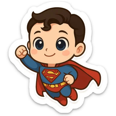 Superman, oversized eyes, cute and whimsical style, playful, cartoon sticker
