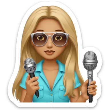 long haired woman with summer clothes and sun glasses holding microphone sticker