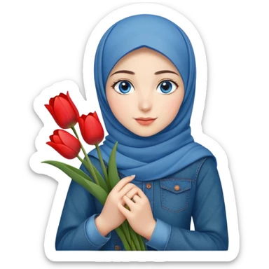 Turkish beautiful finish Konya girl blue eyes with denim hijab islamic dress and had on her hand red tulips  sticker