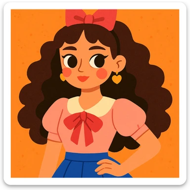 a girl with curly long dark brown hair, brown eyes, coquette style, modern illustration style sticker