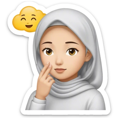 Model: Sticker. A white young asian Muslim woman are thinking something. Her eyes rolling to up right. Her hand touching face. There's emoji cloud to describe what she thinking about. sticker