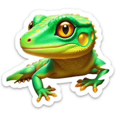 Cinematic Noble Gecko Portrait Emoji, Poised and sleek, with a compact, agile body adorned with textured, mottled scales and luminous, alert eyes accentuated by delicate toe pads and subtle patterning, Simplified yet sharp and sophisticated features, highly detailed, glowing with a soft, ambient jungle glow, high shine, intelligent and vigilant, stylized with an air of exotic elegance, focused and precise, soft glowing outline, capturing the essence of a watchful reptilian guardian that seems ready to scamper out of the screen with effortless agility! sticker