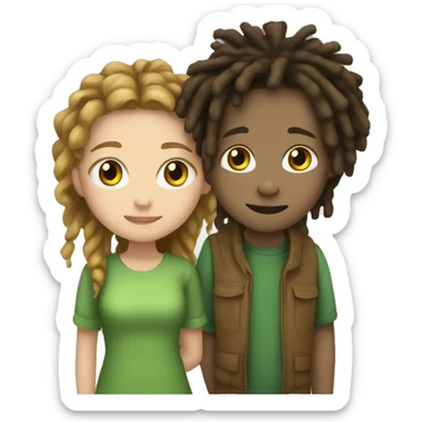 Light skin Green guy boy with dreads and short white girl with brown hair and long brown eyes hugging sticker