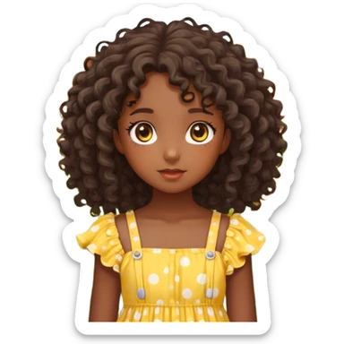 Create an image of a young dark Kawaii girl with detailed features. She has curly hair cascading down her shoulders and striking, large hazel eyes. She is wearing a yellow sundress with white polka dots standing in a field full of sunflowers sticker