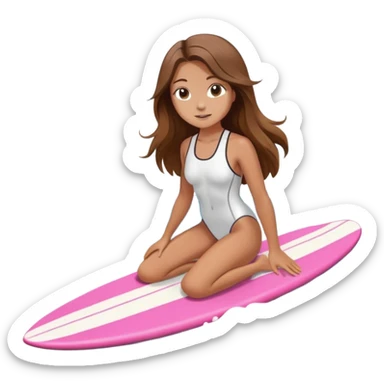 Girl with long brown hair surfing at pink short board in the white swimsuit  sticker