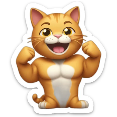 cat with thumbs up muscles and big smile showing the whole body and big muscles sticker