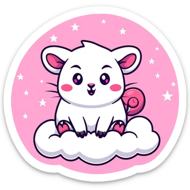 celestial pink possum on a cloud with prominent devil horns, glowing eyes, surrounded by pastel stars and sparkles sticker