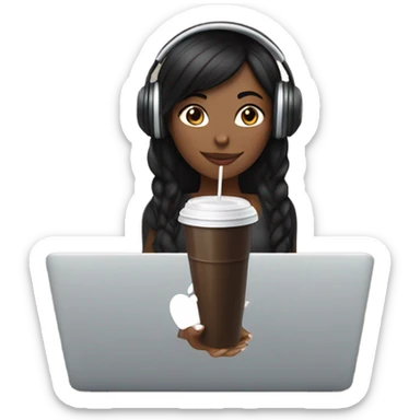 A girl with black hair is wearing black over - ear headphones. She is holding an iced Americano in one hand and a MacBook in the other sticker