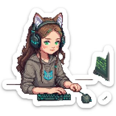 Change the girl to appear Caucasian and portray her as a night coder, with a nighttime background, keeping the pixel art style and cat headphones. Preserve transparent background if possible. sticker