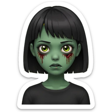 Zombie girl emoji verde escuro com cabelo curto liso preto no ombro e franja na altura da sobrancelha cobrindo completamente a testa, usando uma blusa preta, com a cor dos olhos sendo PRETOS  sticker