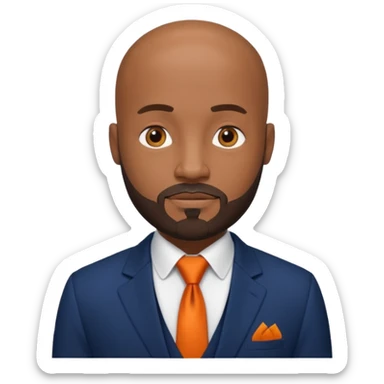 headshot of a sophisticated, stylish, bald head Caribbean black man with a beard and goatee in a navy blue suite, white shirt and dark orange tie sticker