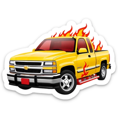 Bright yellow 1997 Chevrolet Silverado with authentic red flame print decal across the front hood, precise Kill Bill movie detail, 30-degree angle, iOS emoji style sticker