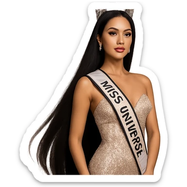 Miss Universe South East Asian woman, very long straight black hair, elegant and poised sticker