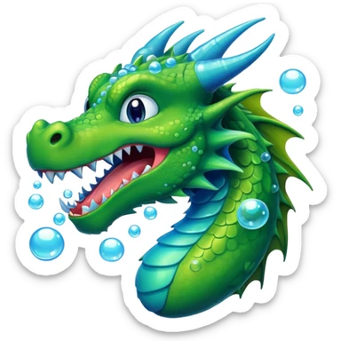 a green dragon with bue teeth breathing bubbles sticker