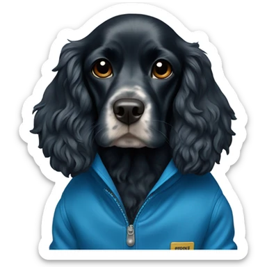 Black cocker spaniel in blue jacket  sticker