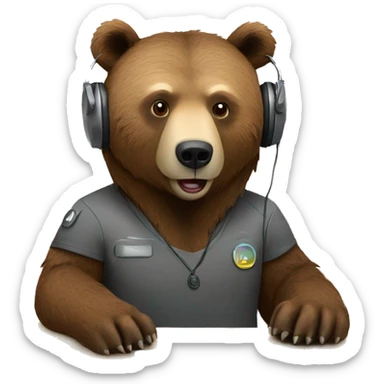 Grizzly bear wearing headset at a desk with a PC sticker