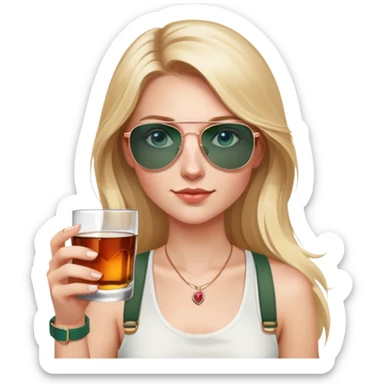 girl with long blond hair
with blue eyes
and aviator sunglasses
wearing white tank top 
holding a glass of whiskey 
wearing (rose gold apple watch with forest green band) sticker