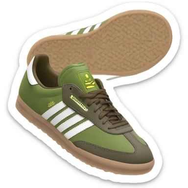 two khaki green adidas samba with a brown flat sole sticker