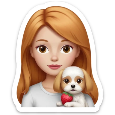 white Maltese terrier with pink nose sitting on lap of girl with long blow-dried strawberry blond hair, brown eyes, thin eyebrows, slim nose, beautiful lips, Apple memoji emoji style sticker