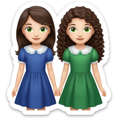 Two moppet girls, 1: long ironed straight darkbrown hair, green eyes, 2: long curly darkbrown hair, brown eyes sticker