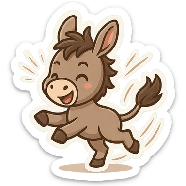 cartoon donkey kicking backward, energetic motion lines, playful style sticker