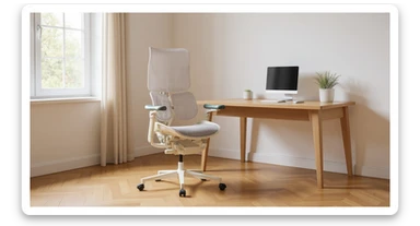 Editorial shot, Make this chair next to desk with mac setup, minimalistic room, bright and warm sticker