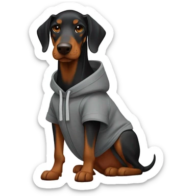 Doberman black with brown tan in a gray hoodie with an orange helmet sticker
