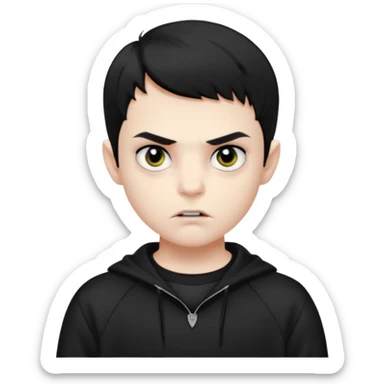 Vampire boy with the short black hair, pale-white skin, black eyes, little fangs and dark circles under his eyes. He has serious face and he wear a black oversize sweatshot sticker