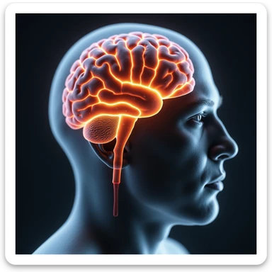 hyper-realistic medical CGI of an obese man with a semi-transparent head revealing brain inside with inflamed hippocampus in red, shrunken prefrontal cortex, yellow lightning for glucose spikes, black amyloid plaques, constricted blood vessels, 4K clinical sticker