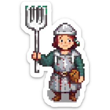 pixel art Twitch emoji of a cartoonish medieval peasant with a fork sticker