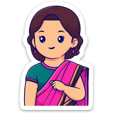 girl with light wheatish skin, dark brown hair, wearing dark pink saree sticker