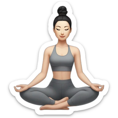 Pale skinned fit woman In a gray tight yoga suit and wristbands With black hair in a bun sits in the lotus position sticker