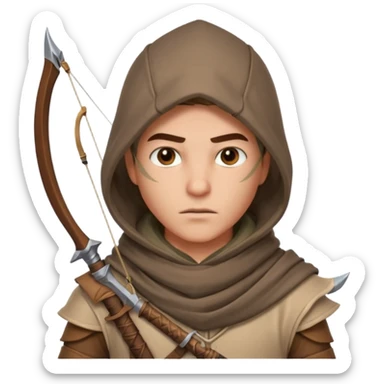desert archer warrior portrait, head and shoulders only, hooded scarf collar, quiver strap visible, sharp focused eyes, 3D cartoon, mobile game icon style, clean background, no text, no watermark
 sticker