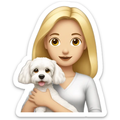 a blonde girl holding a bichonfrise in her hands sticker