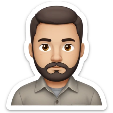 Stocky approachable man with light brown complexion, round friendly face, full cheeks, kind dark eyes, thick eyebrows, wide nose, medium lips with warm expression, short well-maintained full beard, short dark hair with simple cut, wearing a gray casual button-up shirt sticker