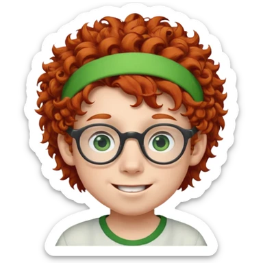 redhead kid with unique face features and very curly hair kid boy happy and big glassess and big nose and very green eyes and headband sticker