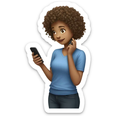 a curly haired girl looking down at the phone in her hand sticker