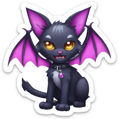   cool edgy kawaii anime-style ethereal dark-punk-themed animal vampiric cat-hybrid Fakemon with fangs and bat-wing-ears with a collar full body sticker