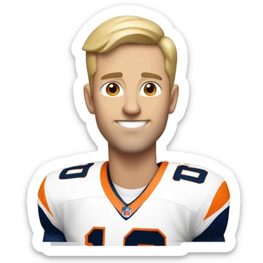 blonde caucasian man with short hair wearing a broncos jersey with the number 10 and holding a football sticker