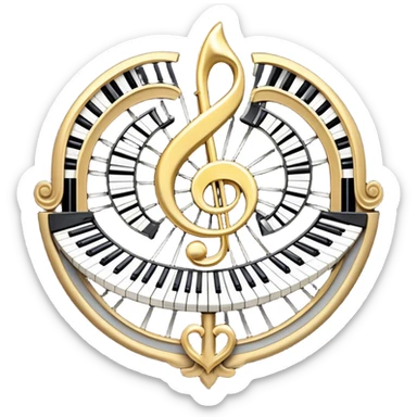Create an elegant and festive emoji collage representing keyboard instruments, styled like a heraldic emblem. The design should feature a central focal point of black and white piano keys, arranged in a semi-circular or shield-like shape. Around the piano keys, add intertwining musical notes that form flowing ribbons, creating a dynamic and celebratory atmosphere. The design should be professional, with polished silver and gold accents on the keys and notes, highlighting the luxury and sophistication of the instruments. Add subtle shading and lighting effects to give the design a refined, 3D appearance. The background should remain transparent, and the overall feel should evoke grandeur, artistry, and a sense of celebration. sticker