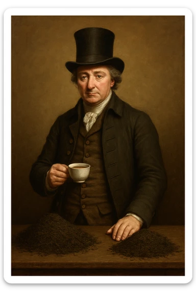 Сгенерируй мне британского предпринимателя 18 век, собирательный образ, в цилиндре, на однородном фоне. Он должен полностью помещаться в экран и не касаться краев изображения, и не обрезаться ими Он стоит за столом, на столе большие кучи росыпью чай, а сам он держит кружочку чая В СТИЛЕ РЕАЛИСТИЧНОЙ ЖИВОПИСИ sticker