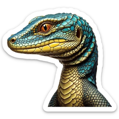 Cinematic Noble Monitor Lizard Portrait Emoji, Poised and regal, with a robust, scaled body exhibiting striking, mottled patterns and piercing, alert eyes, Simplified yet sharp and sophisticated features, highly detailed, glowing with a soft, earthy glow, high shine, intelligent and formidable, stylized with an air of ancient wilderness, focused and commanding, soft glowing outline, capturing the essence of a watchful and confident reptilian guardian that appears ready to stride out of the screen with effortless authority! sticker