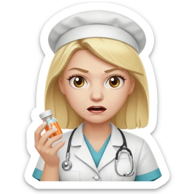 angry blonde nurse with a pills sticker