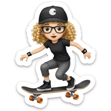 ["An excited girl with light skin, curly hair, wearing a baseball cap and square glasses, dressed in goth fashion, is skateboarding while holding a camera."] sticker