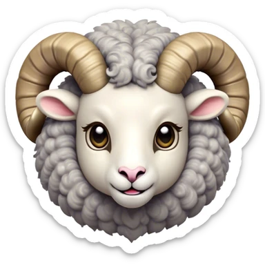 Cinematic Cute Ram Portrait Emoji, Head tilted playfully and inquisitively, featuring a dense, woolly grey fur with charming curled horns, round, sparkling dark eyes filled with curiosity, Simplified yet irresistibly adorable features, highly detailed, glowing with a warm, friendly glow, high shine, affectionate and spirited, stylized with a touch of rugged whimsy, bright and endearing, soft glowing outline, capturing the essence of a mischievous yet loving ram, so playful it feels like it could butt its way out of the screen and into your arms! sticker