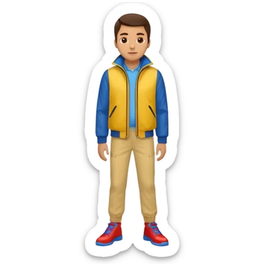 un hombre con: una chaqueta amarilla, pantalones rojos y zapatos azules. sticker