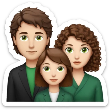 Man in the middle with brown straight hair and green eyes, women next to him with short brown hair with slight waves, tall women on right side with shoulder length curly hair and brown eyes sticker
